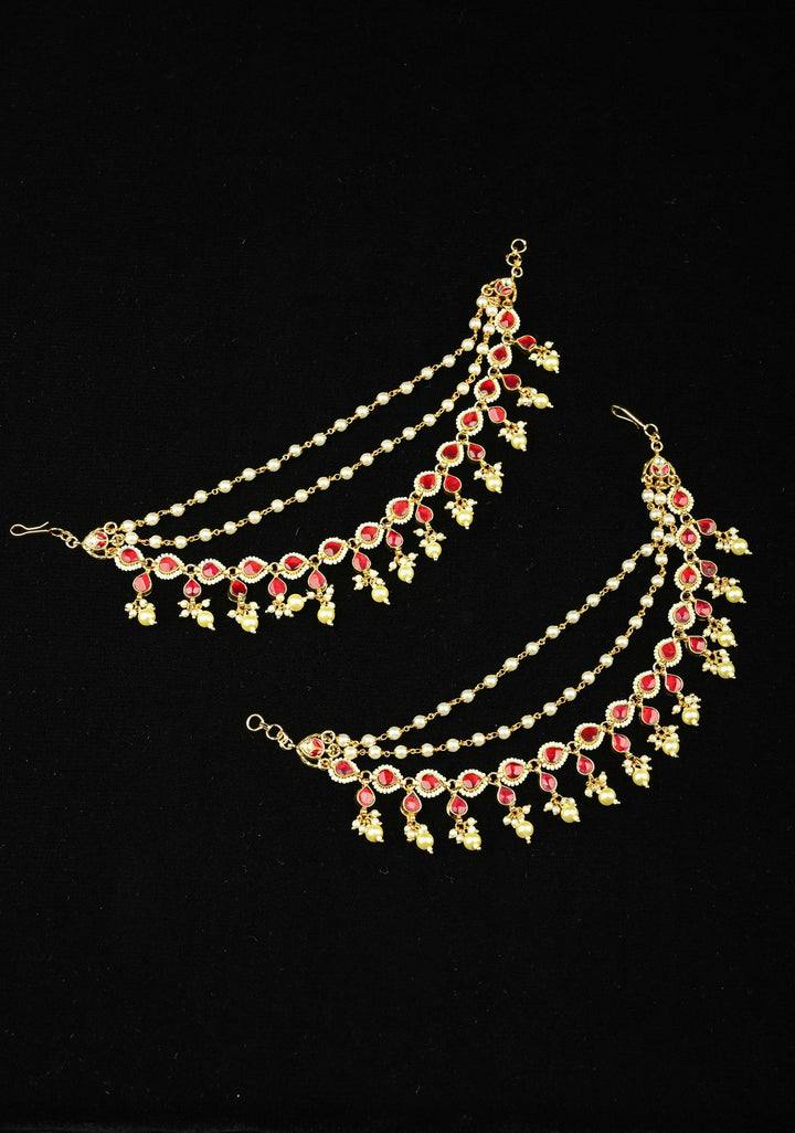 Contemporary 3 Layered Pearl Ear Chain  with Red stone | SHOBITAM