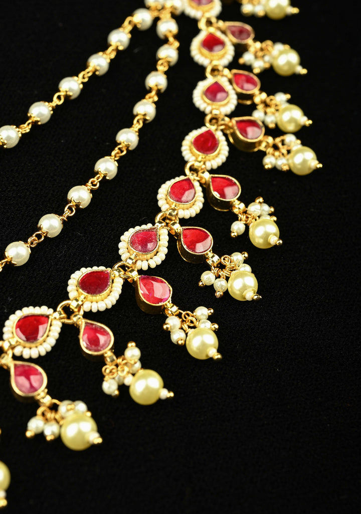 Contemporary 3 Layered Pearl Ear Chain  with Red stone | SHOBITAM