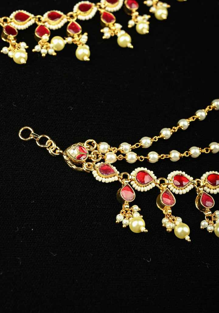 Contemporary 3 Layered Pearl Ear Chain  with Red stone | SHOBITAM