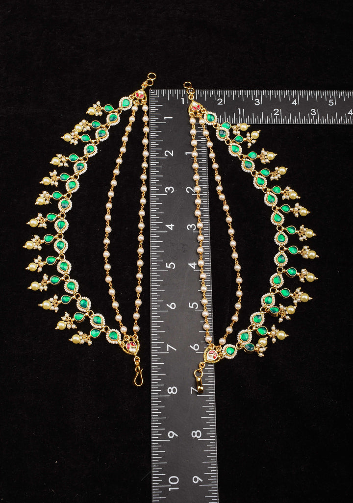 Traditional Indian  Ear Chain with Emerald Accents  | Shobitam Jewelry
