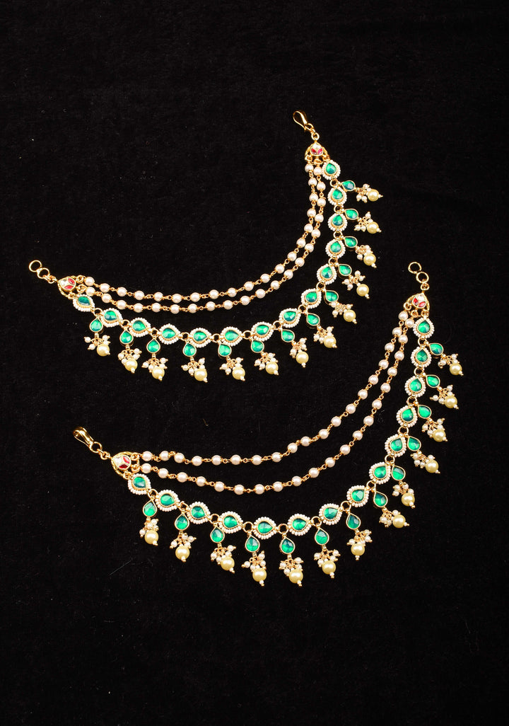 Traditional Indian  Ear Chain with Emerald Accents  | Shobitam Jewelry