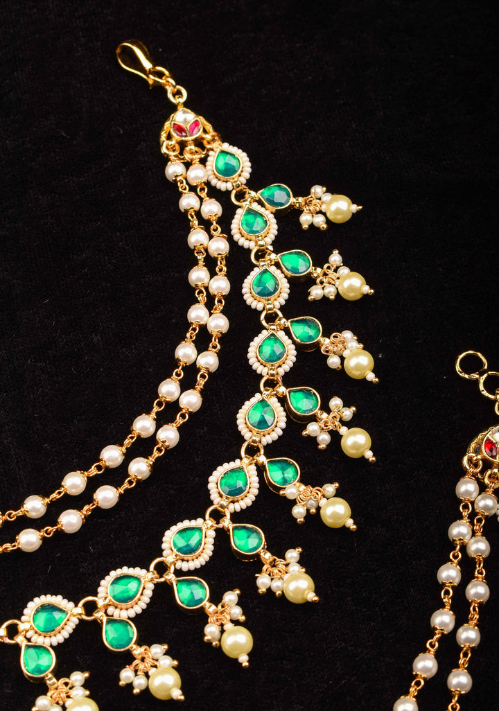 Traditional Indian  Ear Chain with Emerald Accents  | Shobitam Jewelry