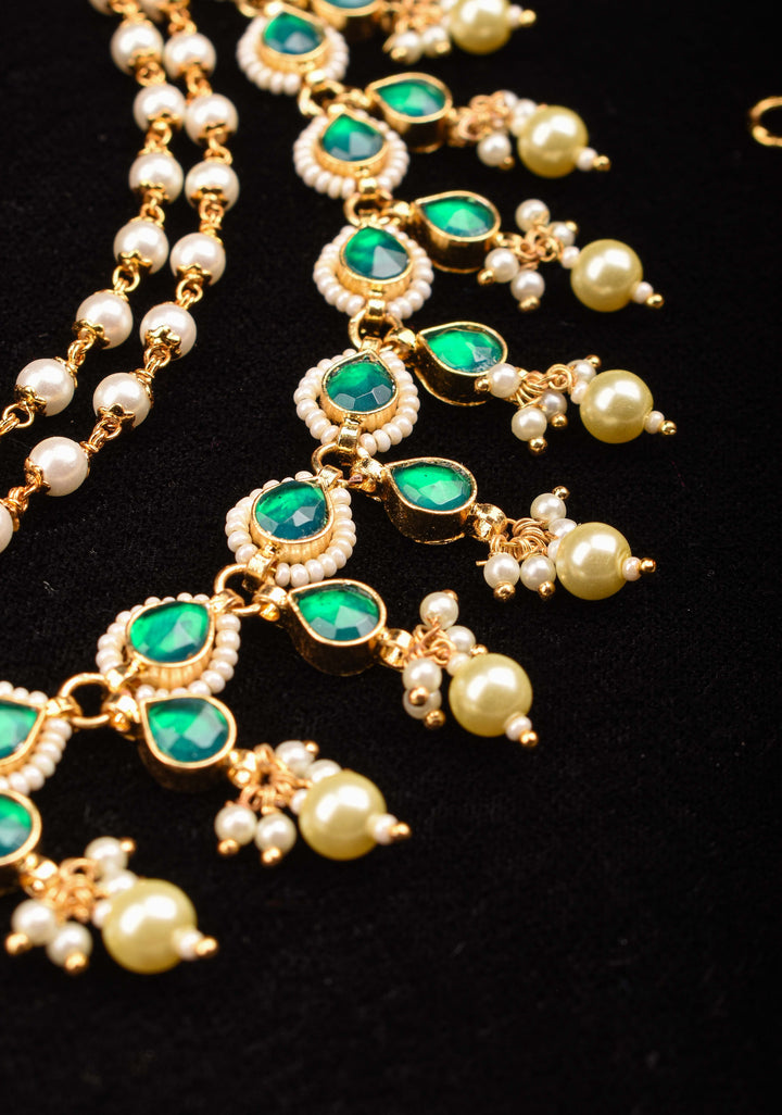 Traditional Indian  Ear Chain with Emerald Accents  | Shobitam Jewelry