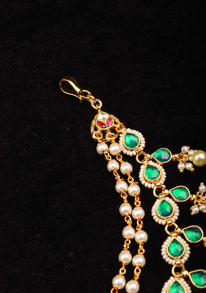 Traditional Indian  Ear Chain with Emerald Accents  | Shobitam Jewelry
