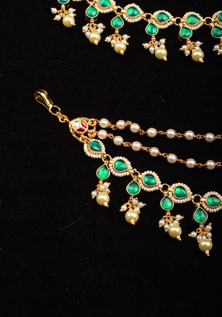 Traditional Indian  Ear Chain with Emerald Accents  | Shobitam Jewelry