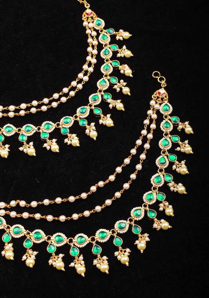 Traditional Indian  Ear Chain with Emerald Accents  | Shobitam Jewelry