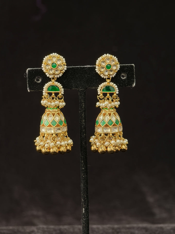 Ahmedabadi Jadau Jhumkas With Gold Green And Pearl Embellishments