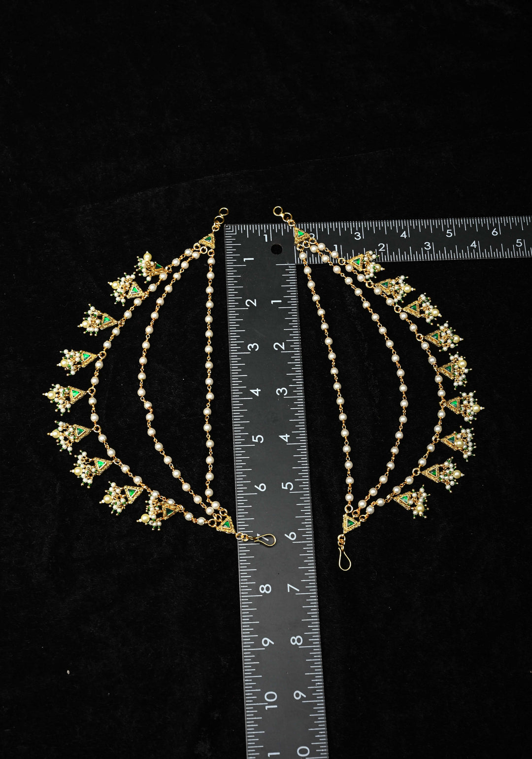 Contemporary 3 Layered Pearl Ear Chain with Green Stone Accents