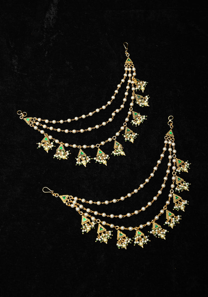 Contemporary 3 Layered Pearl Ear Chain with Green Stone Accents