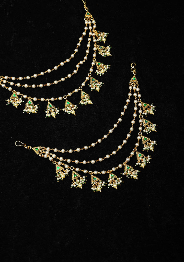 Contemporary 3 Layered Pearl Ear Chain with Green Stone Accents