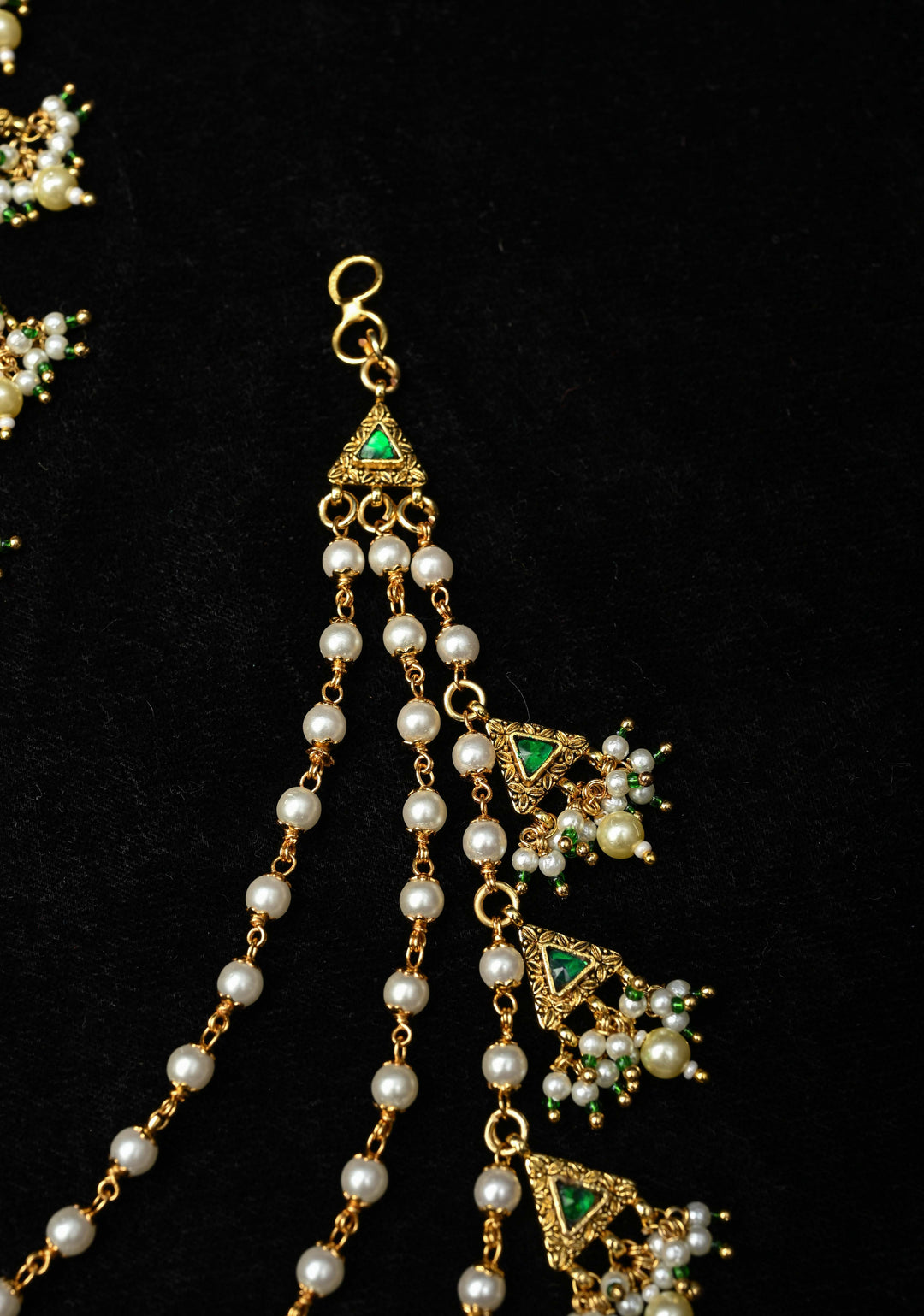 Contemporary 3 Layered Pearl Ear Chain with Green Stone Accents