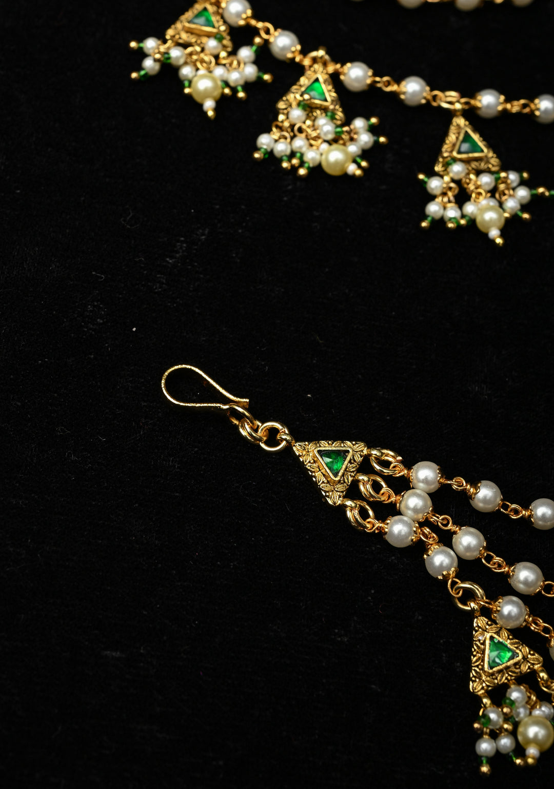 Contemporary 3 Layered Pearl Ear Chain with Green Stone Accents