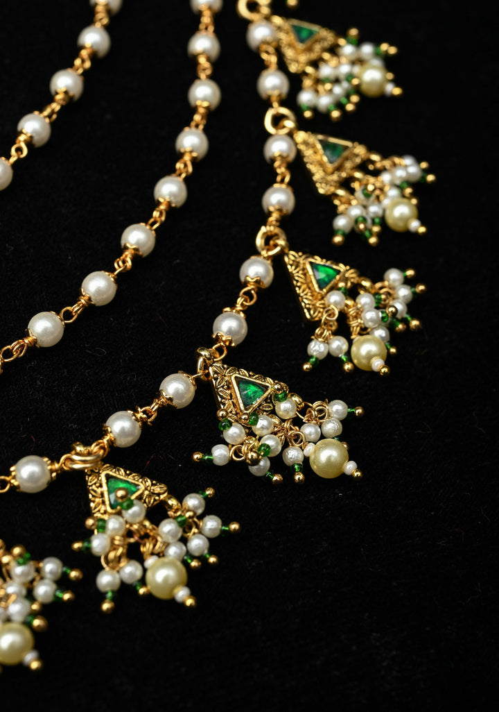 Contemporary 3 Layered Pearl Ear Chain with Green Stone Accents