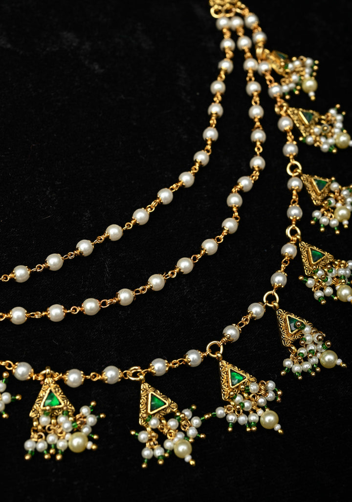 Contemporary 3 Layered Pearl Ear Chain with Green Stone Accents