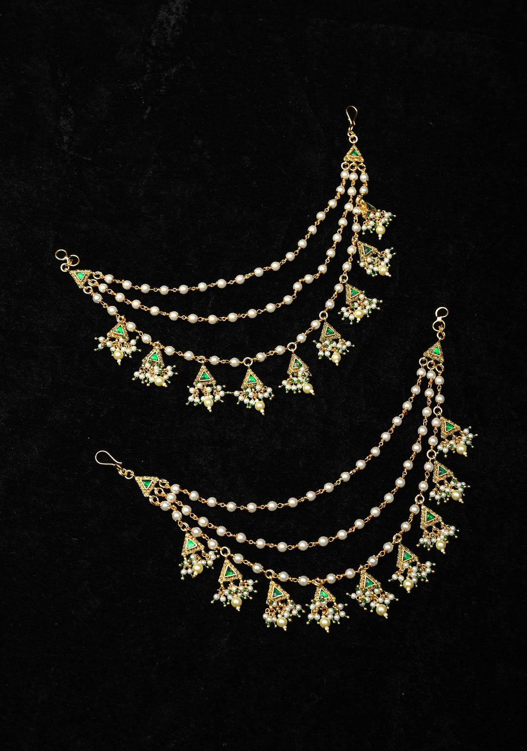 Contemporary 3 Layered Pearl Ear Chain with Green Stone Accents