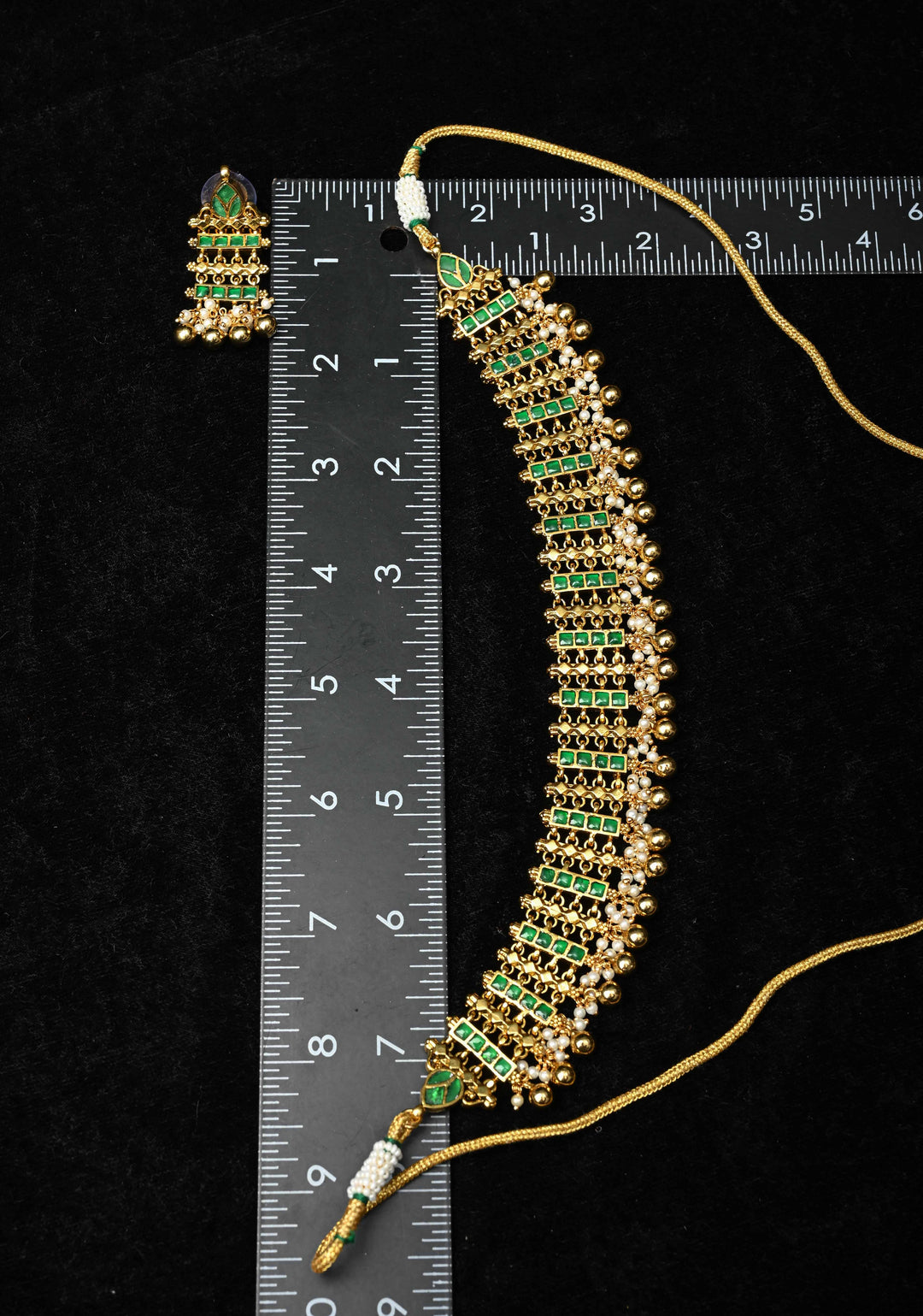 Ahmedabadi Jadau Linkig design Necklace Handmade Set with Green stone Embellishments and Beads Drops