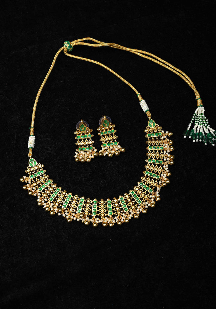 Ahmedabadi Jadau Linkig design Necklace Handmade Set with Green stone Embellishments and Beads Drops