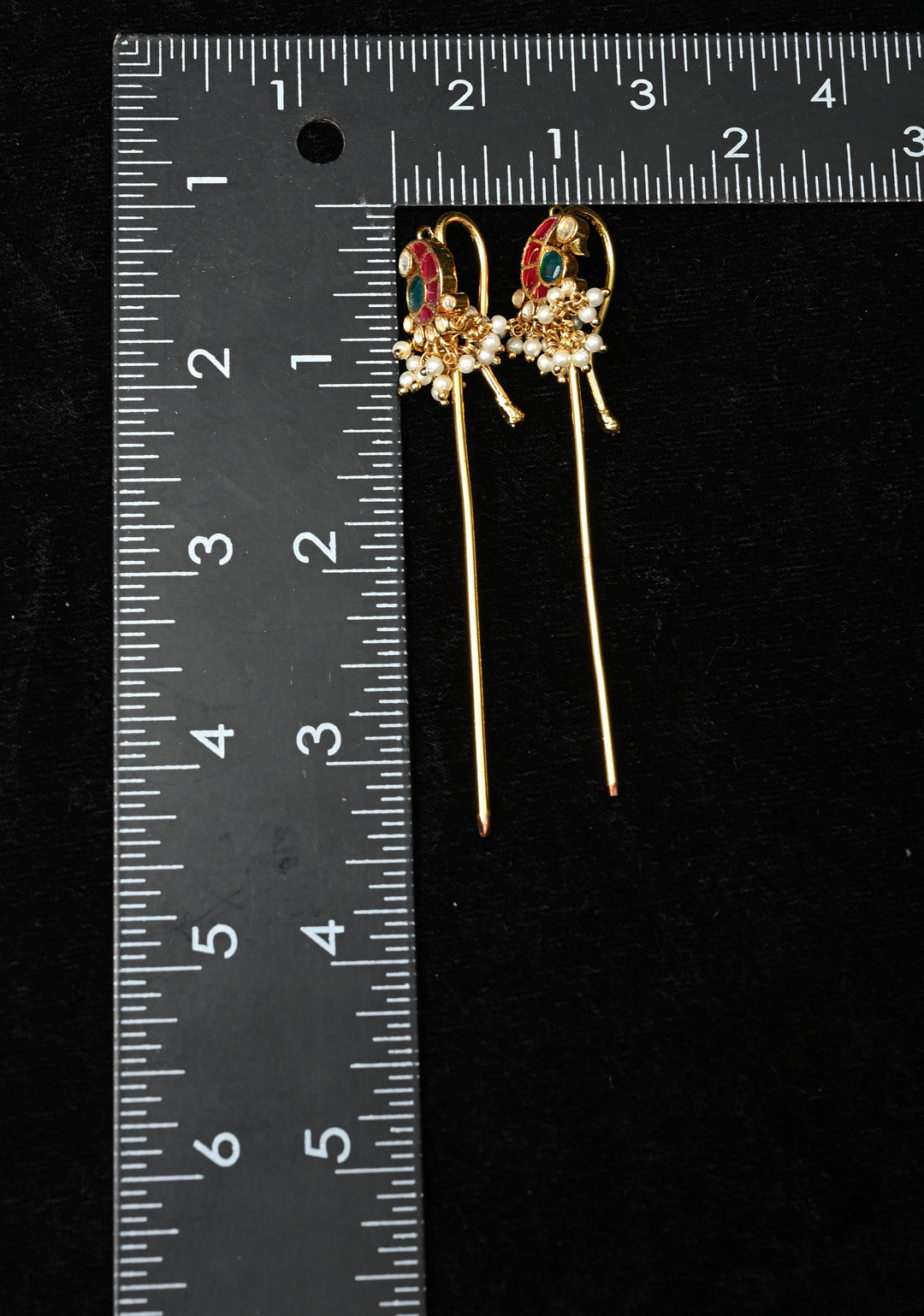 Gold Peacock Design Jadau Ear Cuff with Kemstone Accents and Pearls Drops