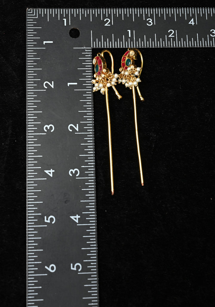 Gold Peacock Design Jadau Ear Cuff with Kemstone Accents and Pearls Drops