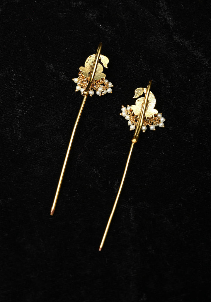 Gold Peacock Design Jadau Ear Cuff with Kemstone Accents and Pearls Drops