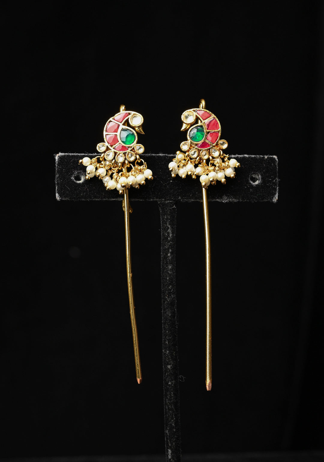 Gold Peacock Design Jadau Ear Cuff with Kemstone Accents and Pearls Drops
