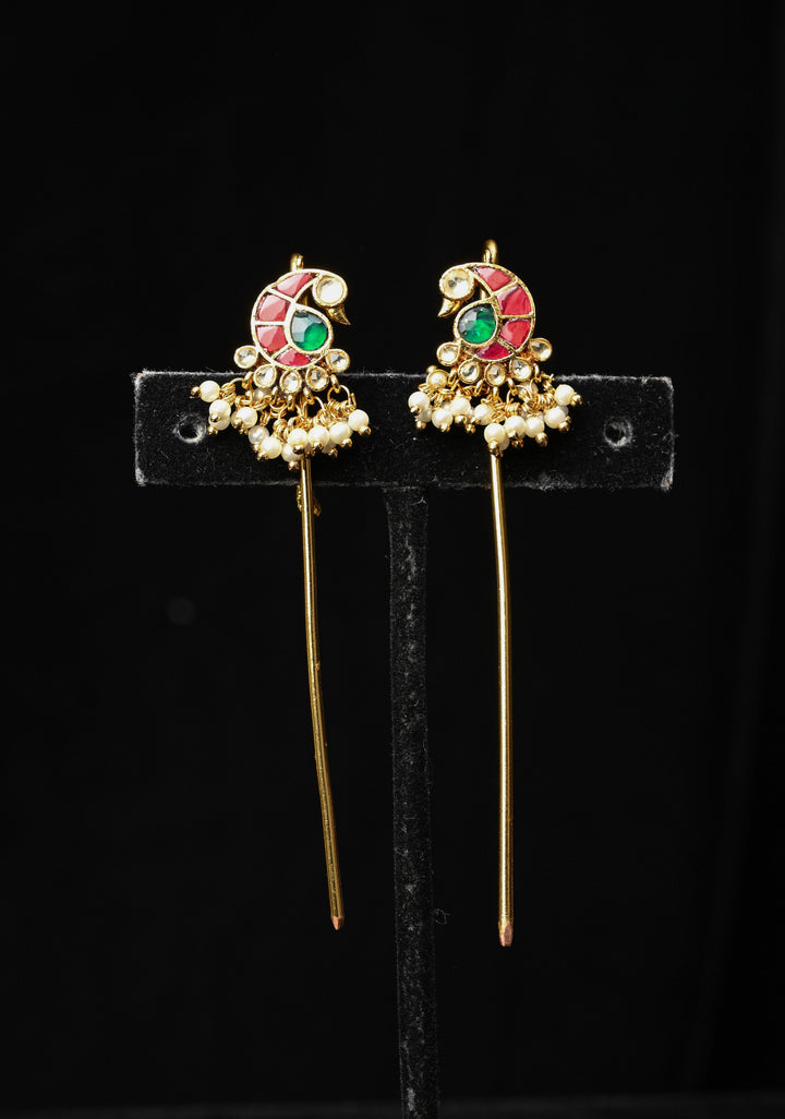 Gold Peacock Design Jadau Ear Cuff with Kemstone Accents and Pearls Drops