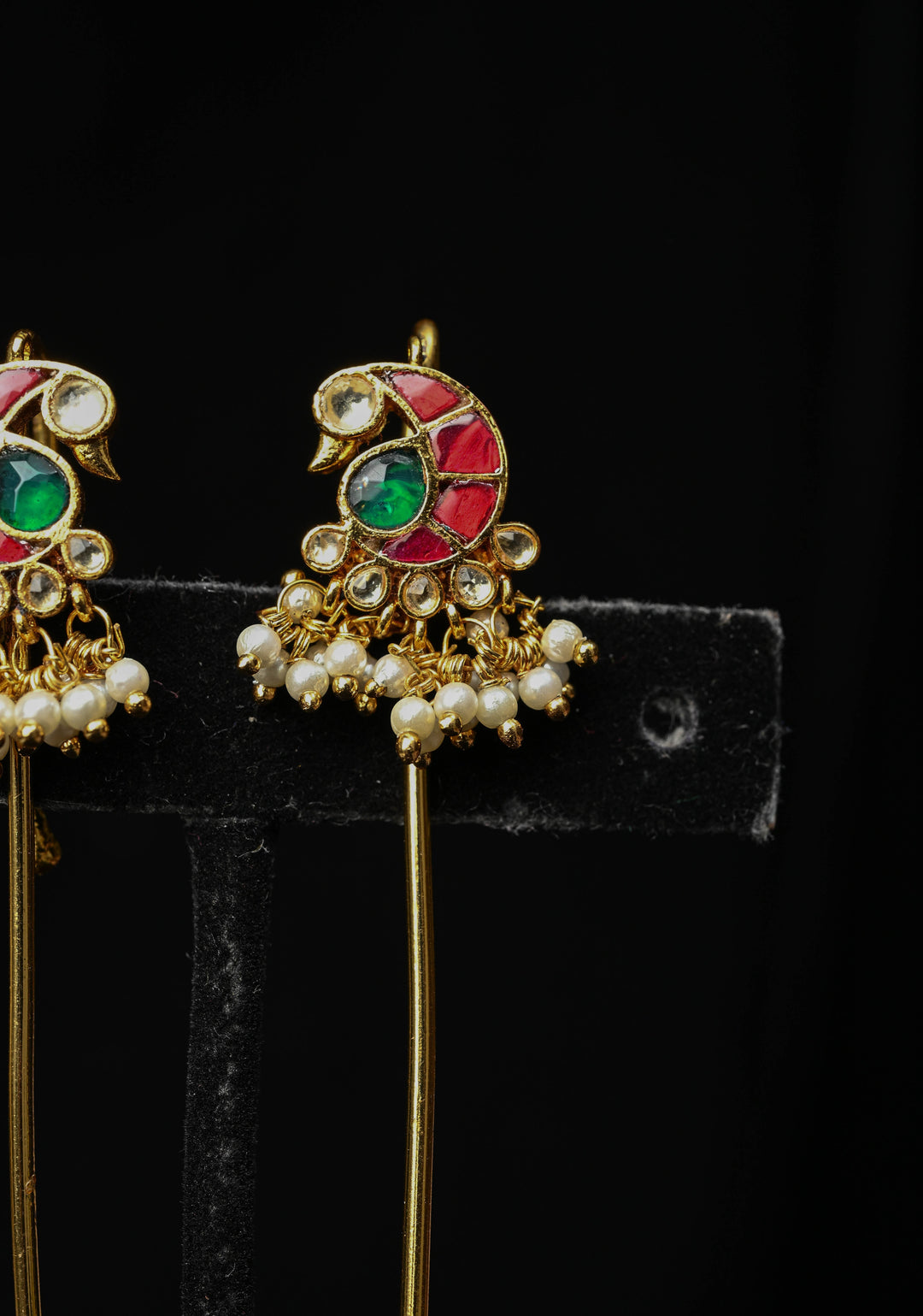 Gold Peacock Design Jadau Ear Cuff with Kemstone Accents and Pearls Drops