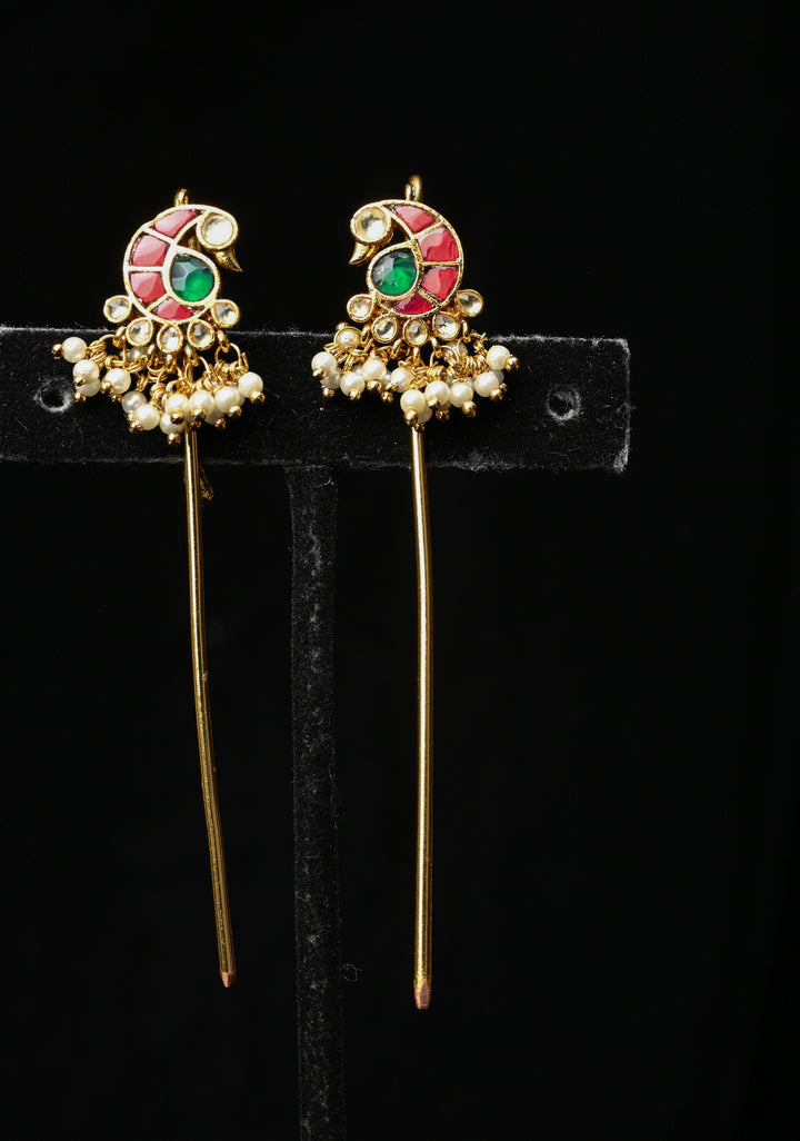 Gold Peacock Design Jadau Ear Cuff with Kemstone Accents and Pearls Drops