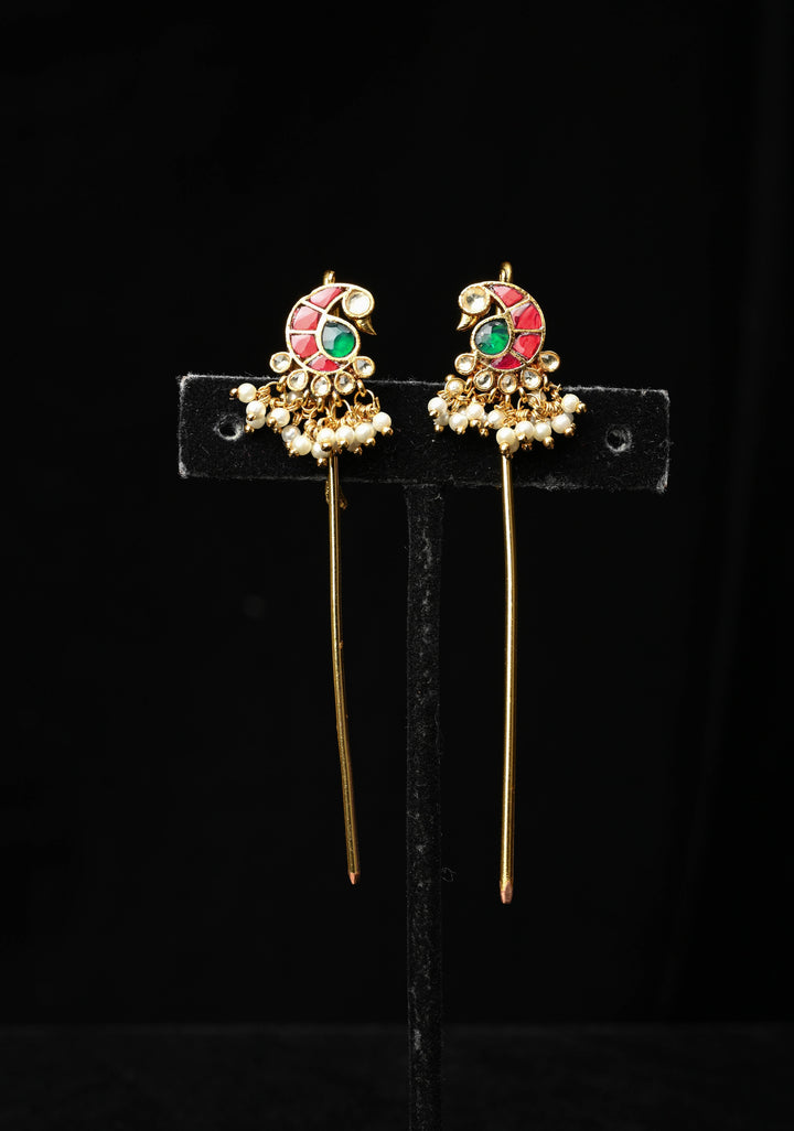 Gold Peacock Design Jadau Ear Cuff with Kemstone Accents and Pearls Drops