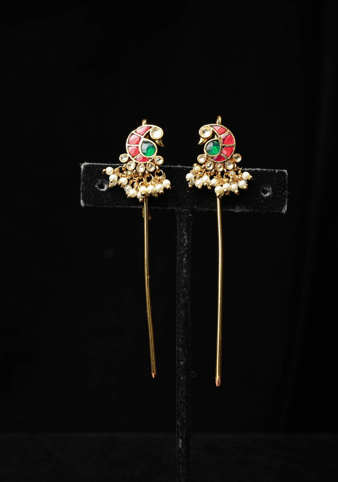 Gold Peacock Design Jadau Ear Cuff with Kemstone Accents and Pearls Drops