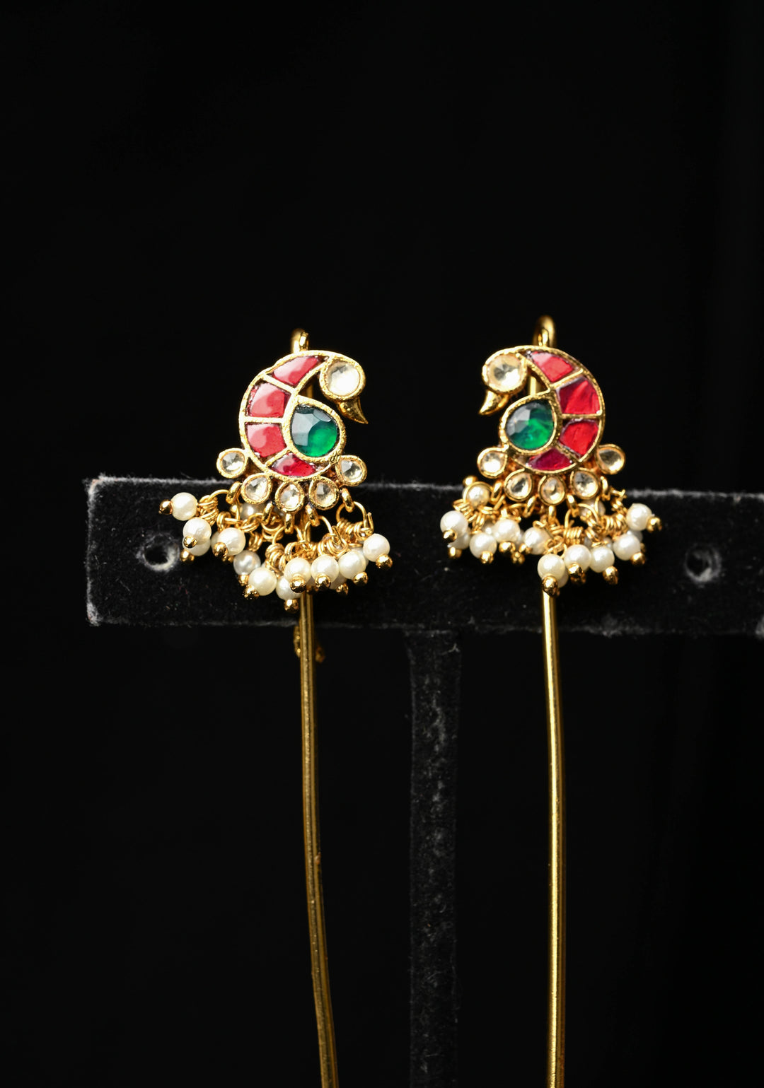 Gold Peacock Design Jadau Ear Cuff with Kemstone Accents and Pearls Drops