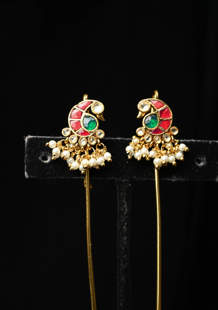 Gold Peacock Design Jadau Ear Cuff with Kemstone Accents and Pearls Drops