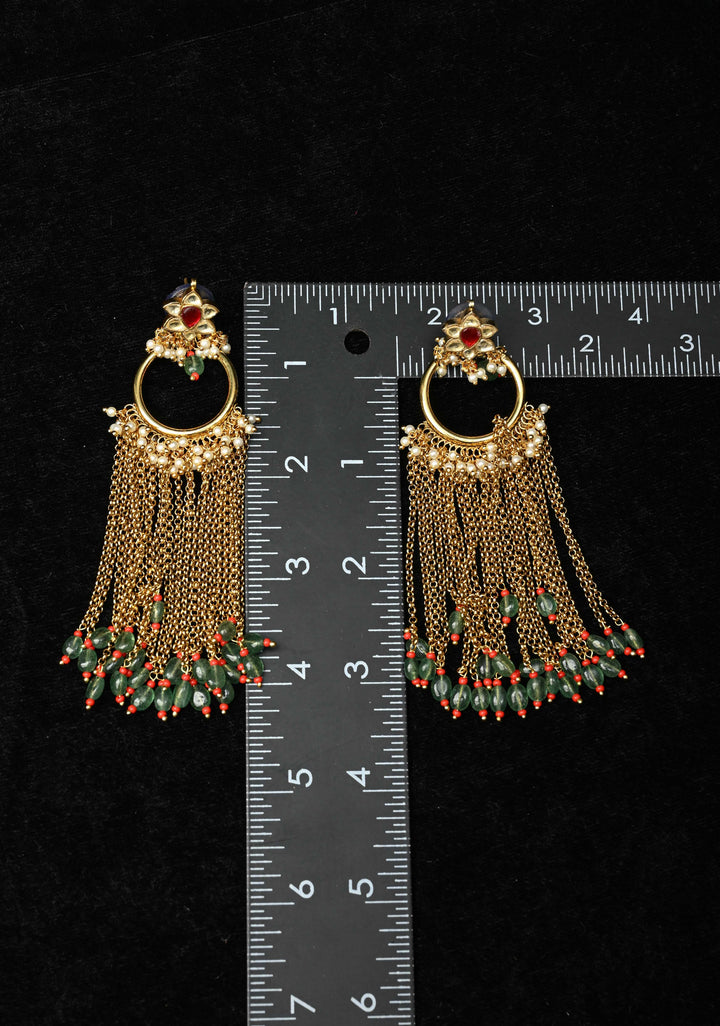 Ahmedabadi Jadau Kundan Tassel Earrings With Floral ring design  and white, red stone