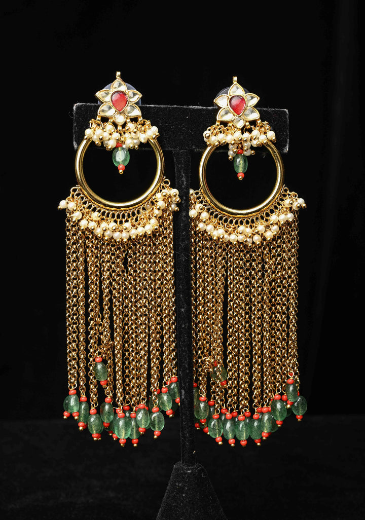 Ahmedabadi Jadau Kundan Tassel Earrings With Floral ring design  and white, red stone