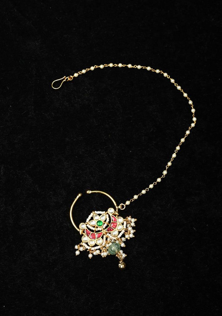 Non Piercing Nath with Jadau Kundan Stones and chain and danling beads