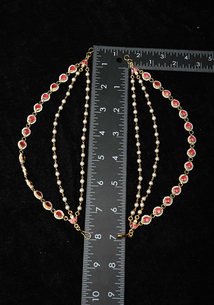 Contemporary 3 Layered Pearl Ear Chain  with Red stone