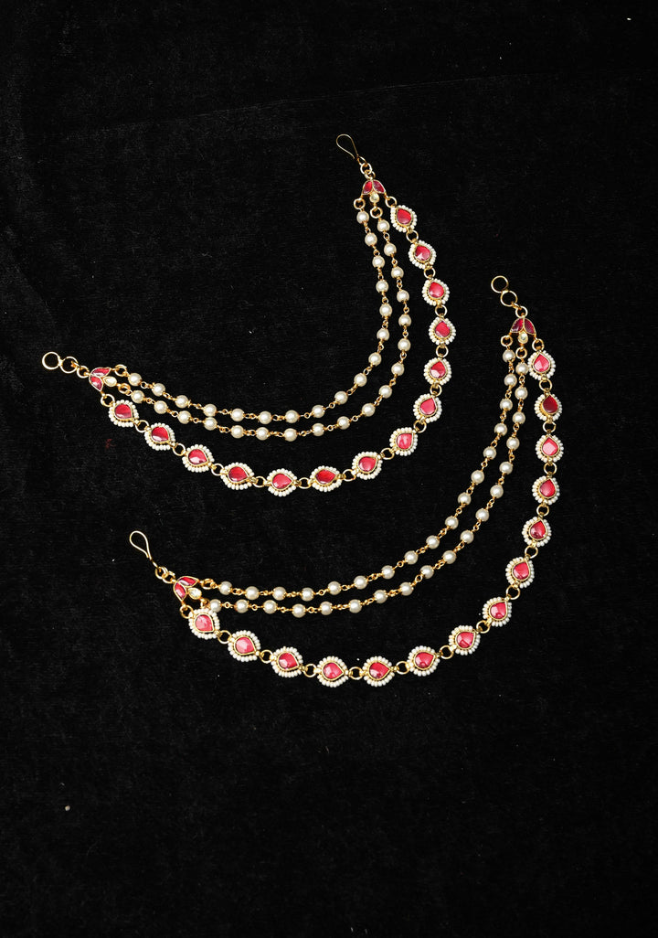 Contemporary 3 Layered Pearl Ear Chain  with Red stone