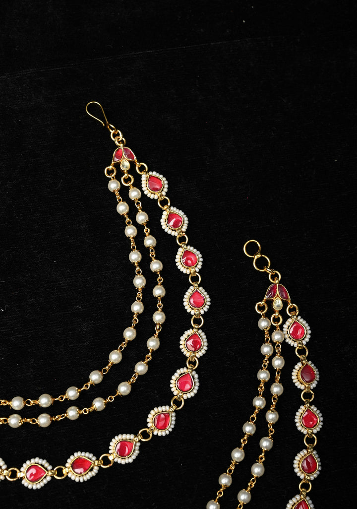 Contemporary 3 Layered Pearl Ear Chain  with Red stone