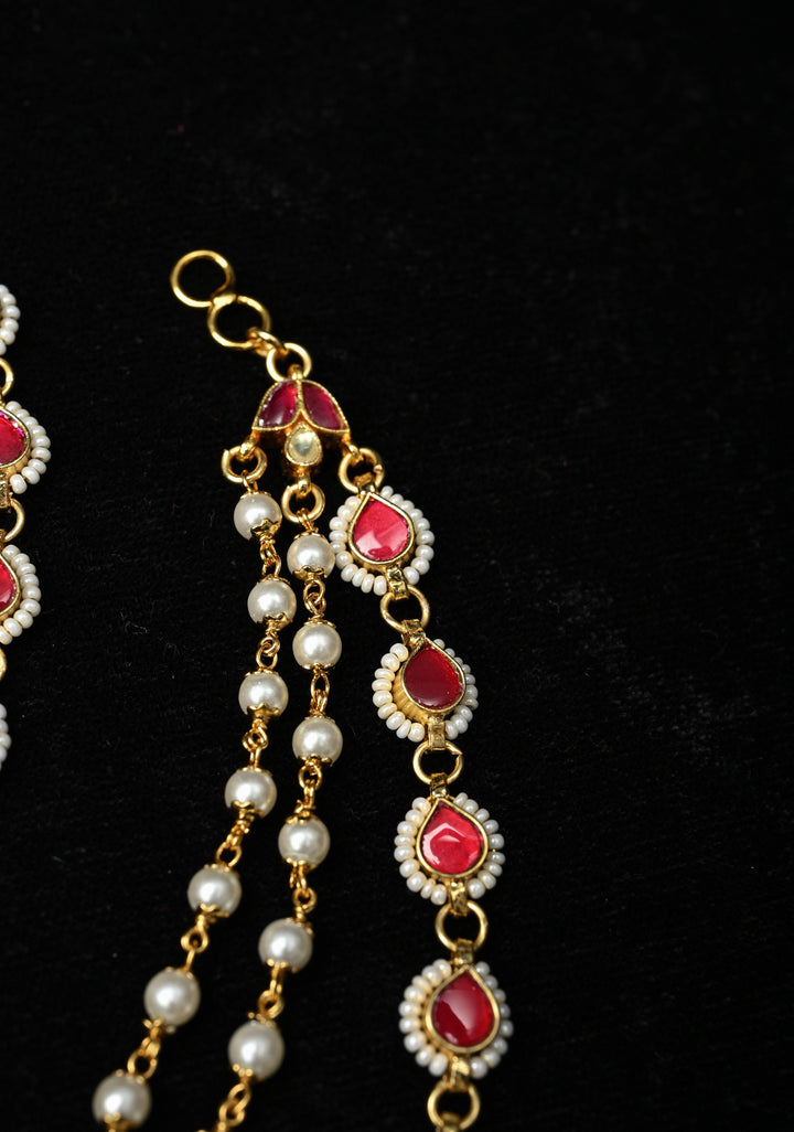 Contemporary 3 Layered Pearl Ear Chain  with Red stone