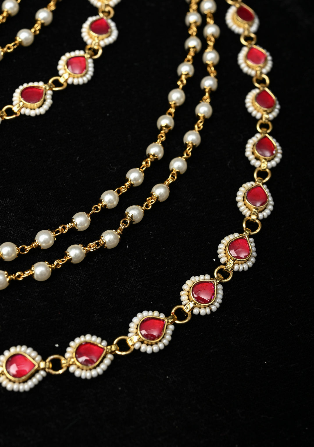 Contemporary 3 Layered Pearl Ear Chain  with Red stone
