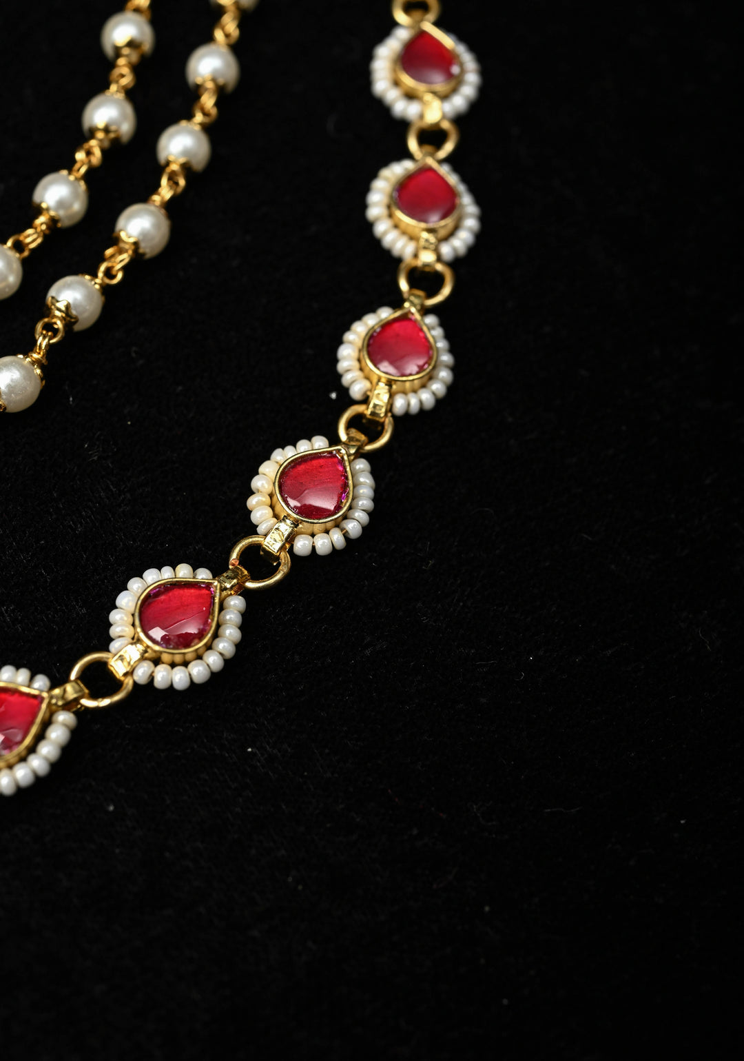 Contemporary 3 Layered Pearl Ear Chain  with Red stone