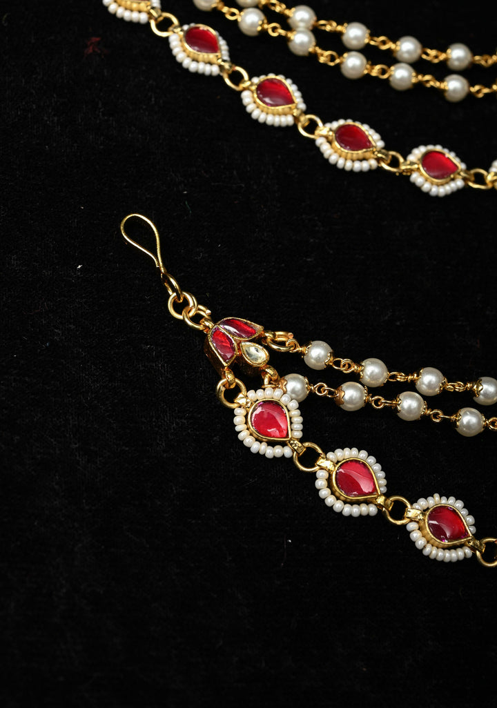 Contemporary 3 Layered Pearl Ear Chain  with Red stone