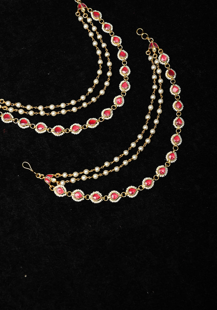 Contemporary 3 Layered Pearl Ear Chain  with Red stone