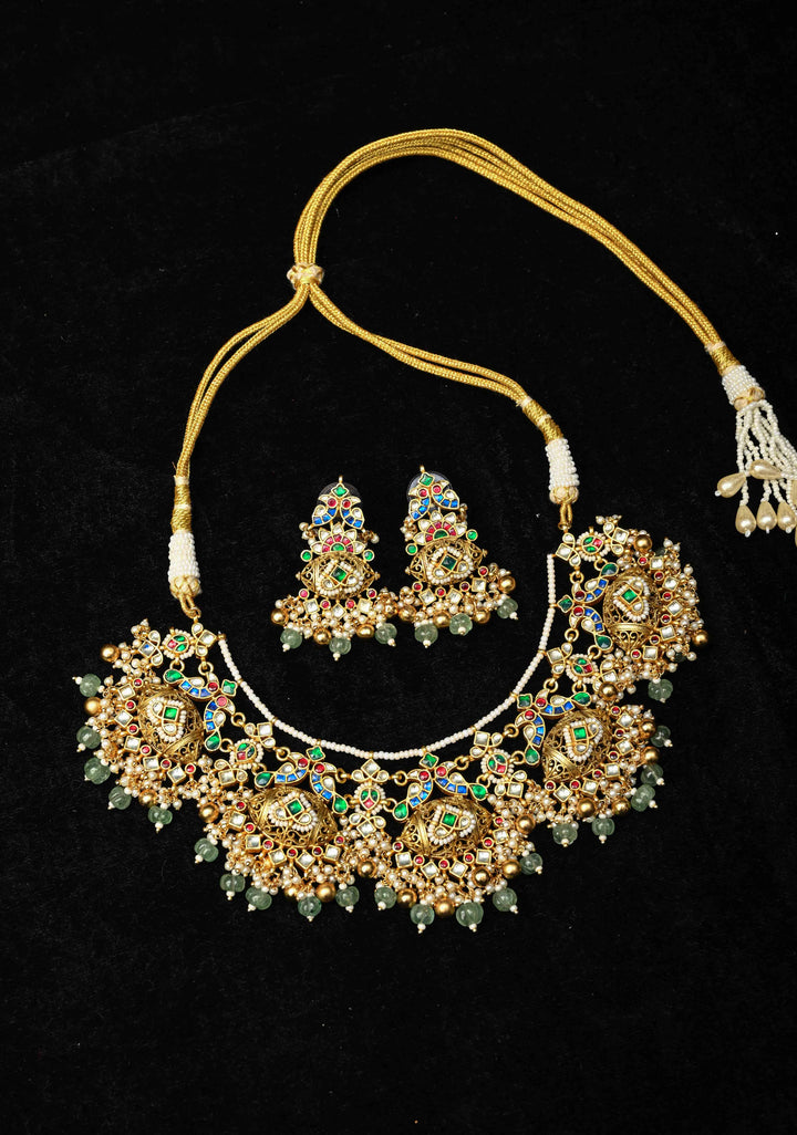 Ahmaedabadi Jadau Traditional Intricate Jadau Kundan Design Necklace with dangling Beads