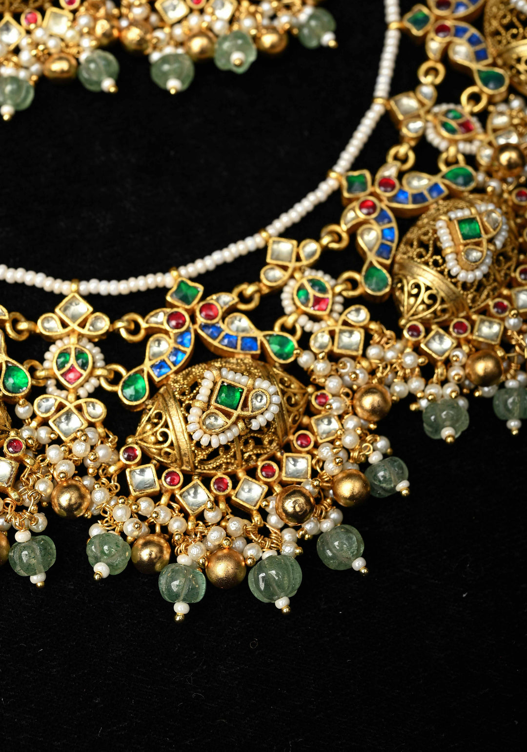 Ahmaedabadi Jadau Traditional Intricate Jadau Kundan Design Necklace with dangling Beads