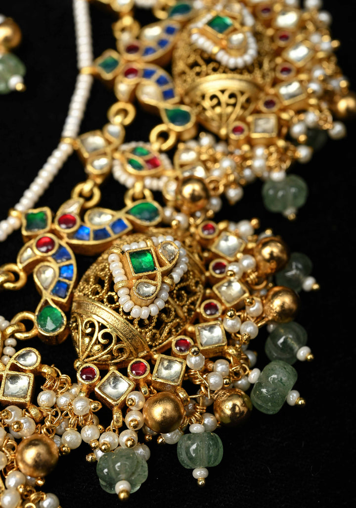 Ahmaedabadi Jadau Traditional Intricate Jadau Kundan Design Necklace with dangling Beads