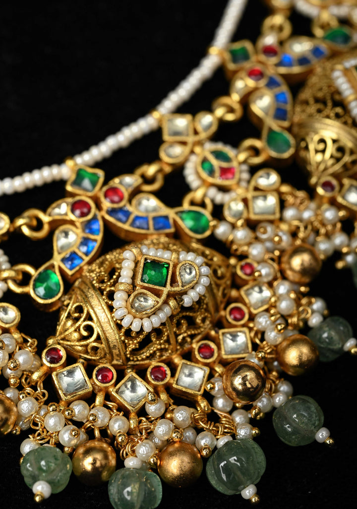Ahmaedabadi Jadau Traditional Intricate Jadau Kundan Design Necklace with dangling Beads