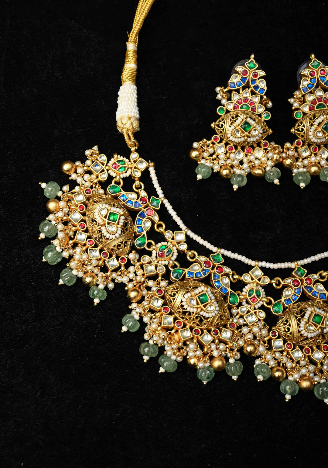Ahmaedabadi Jadau Traditional Intricate Jadau Kundan Design Necklace with dangling Beads