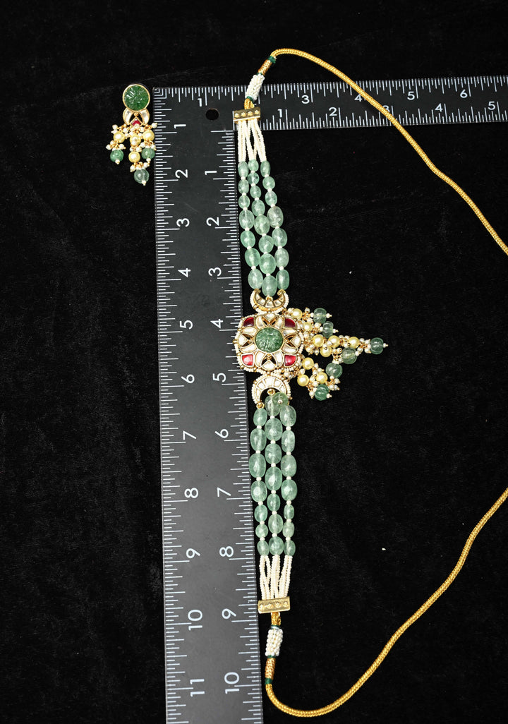 Ahmedabadi kundan multistrand necklace set with Floral Pendant and sage green dangling beads