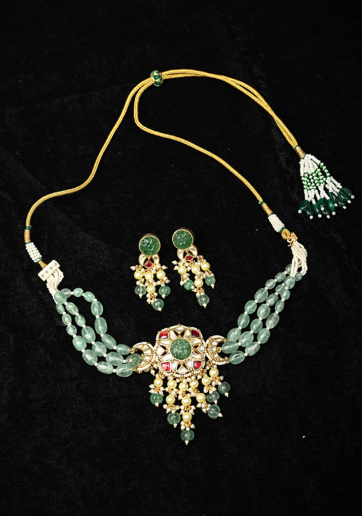 Ahmedabadi kundan multistrand necklace set with Floral Pendant and sage green dangling beads